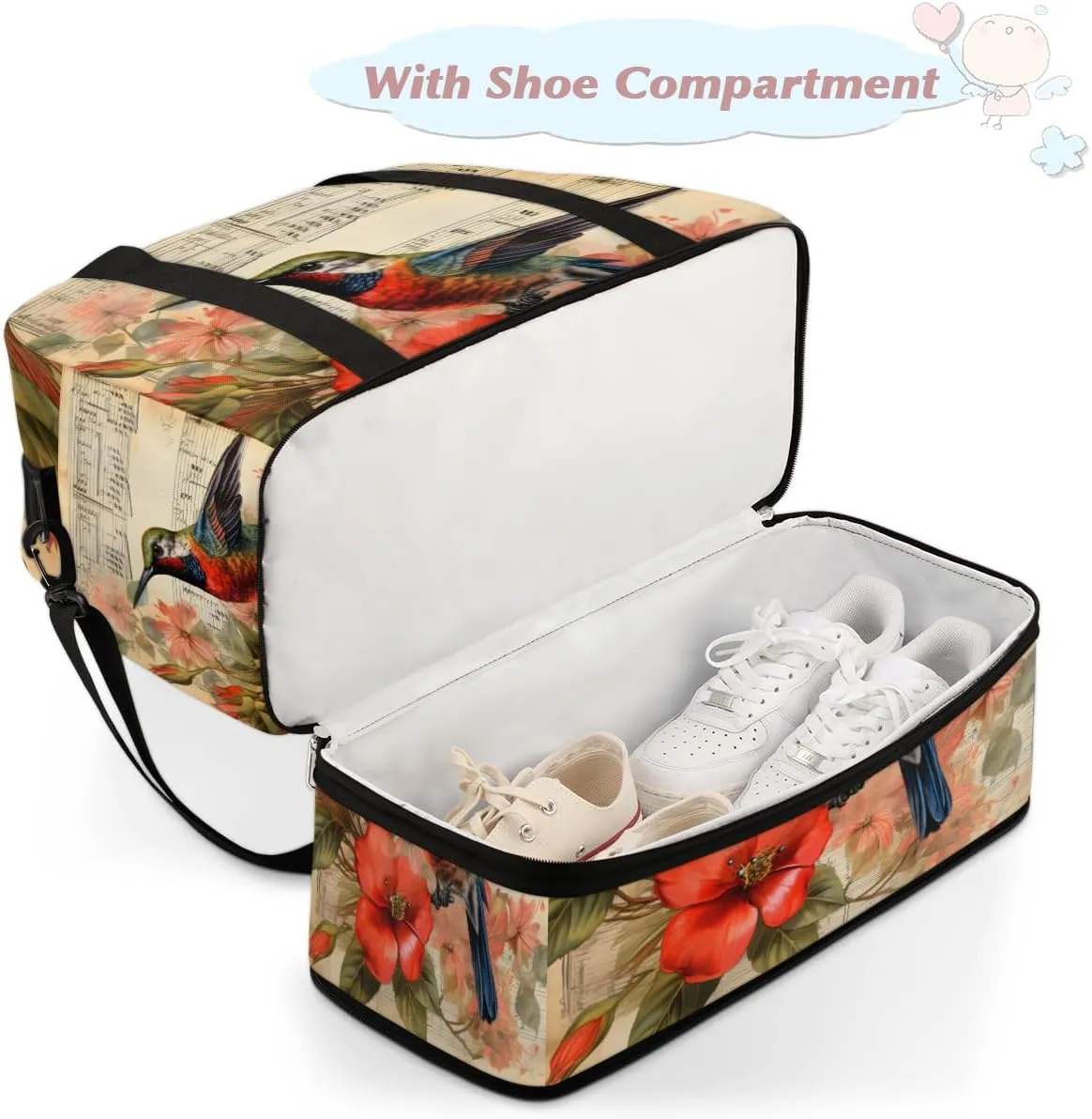 Hummingbird Printed Foldable Travel Duffel Bag Overnight Weekender Bag with Shoes Compartment Sports Gym Bag for Men Women