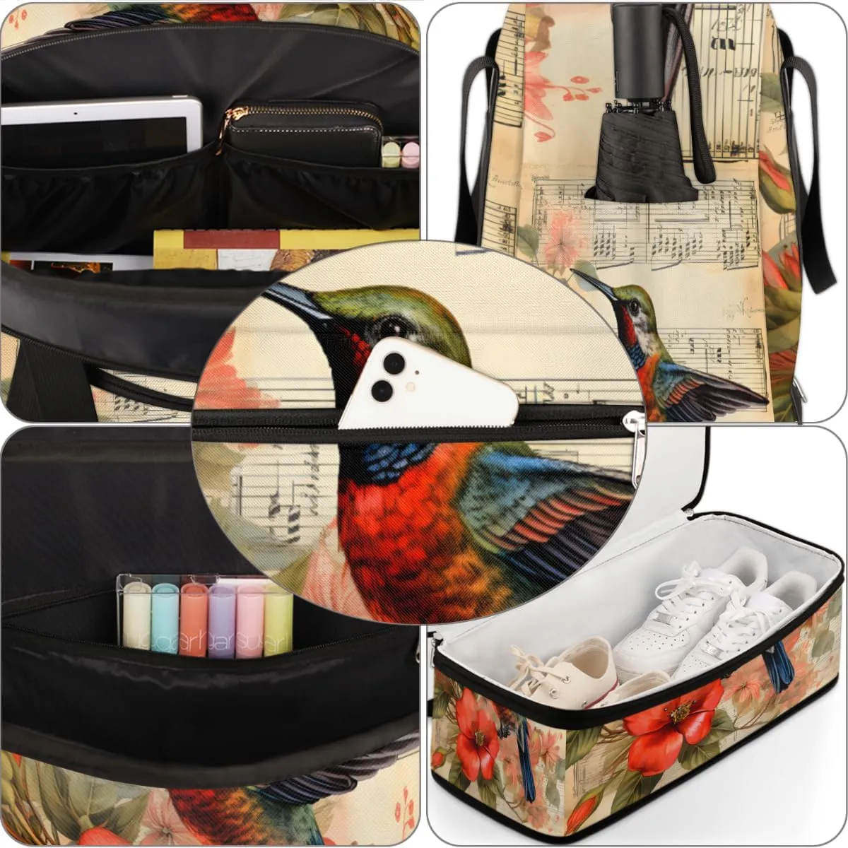 Hummingbird Printed Foldable Travel Duffel Bag Overnight Weekender Bag with Shoes Compartment Sports Gym Bag for Men Women