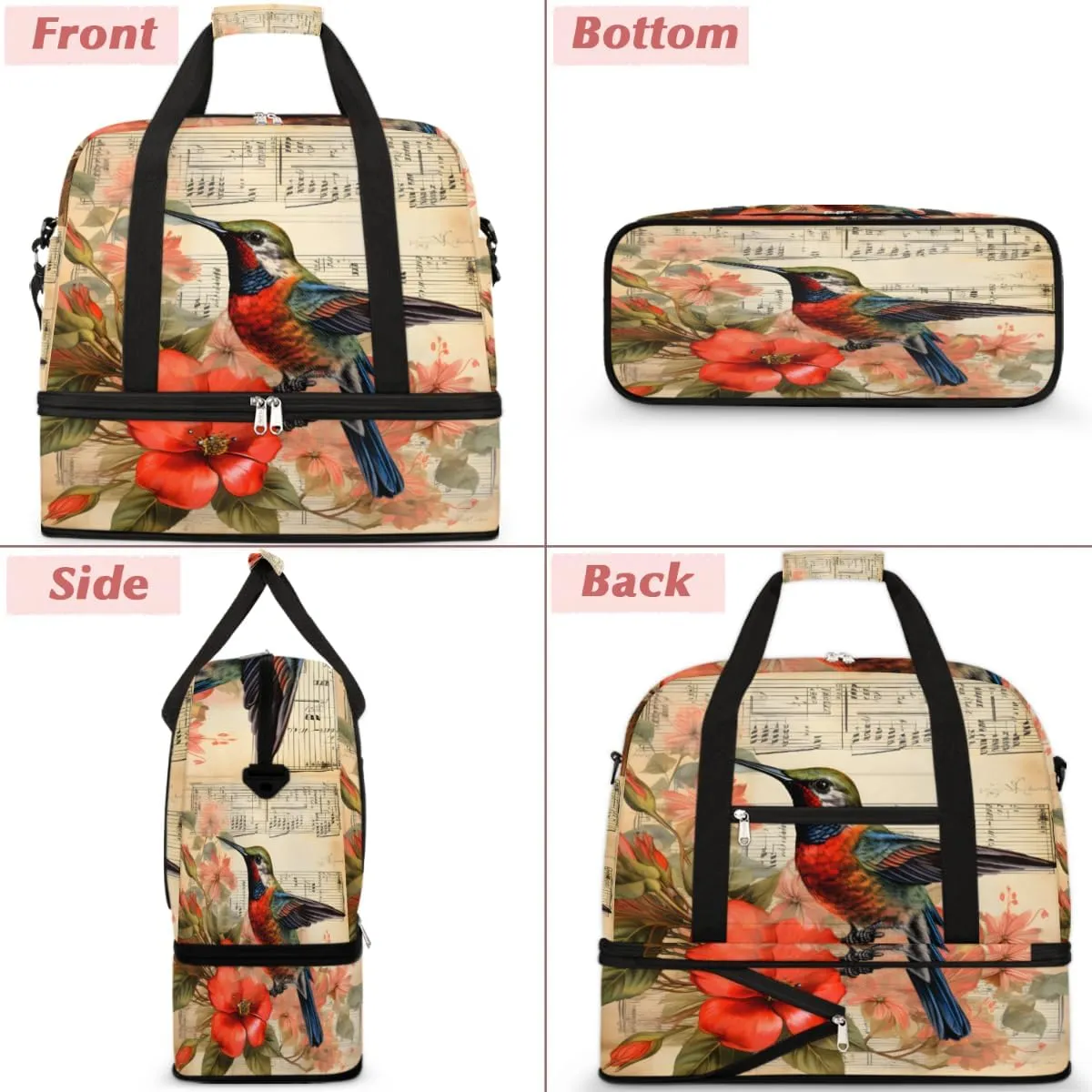 Hummingbird Printed Foldable Travel Duffel Bag Overnight Weekender Bag with Shoes Compartment Sports Gym Bag for Men Women