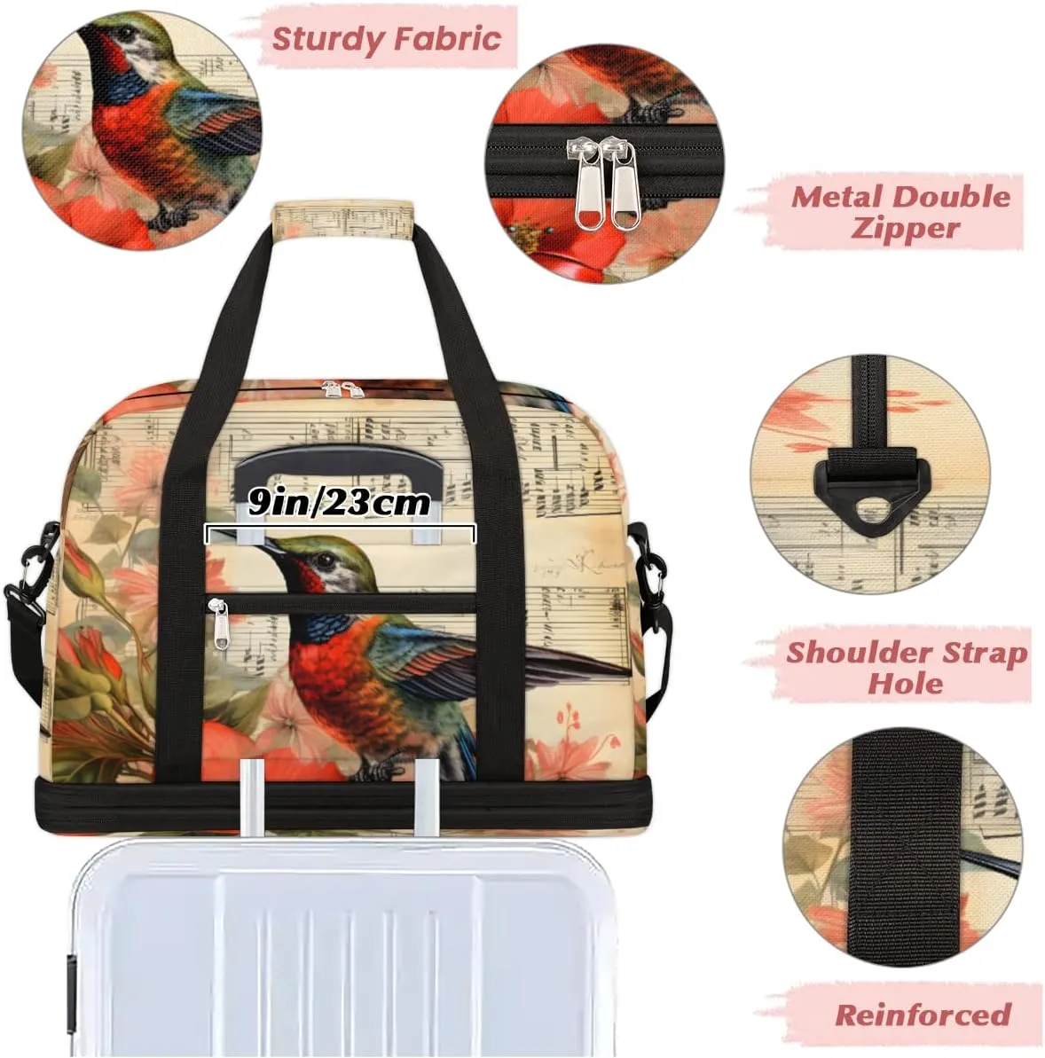 Hummingbird Printed Foldable Travel Duffel Bag Overnight Weekender Bag with Shoes Compartment Sports Gym Bag for Men Women