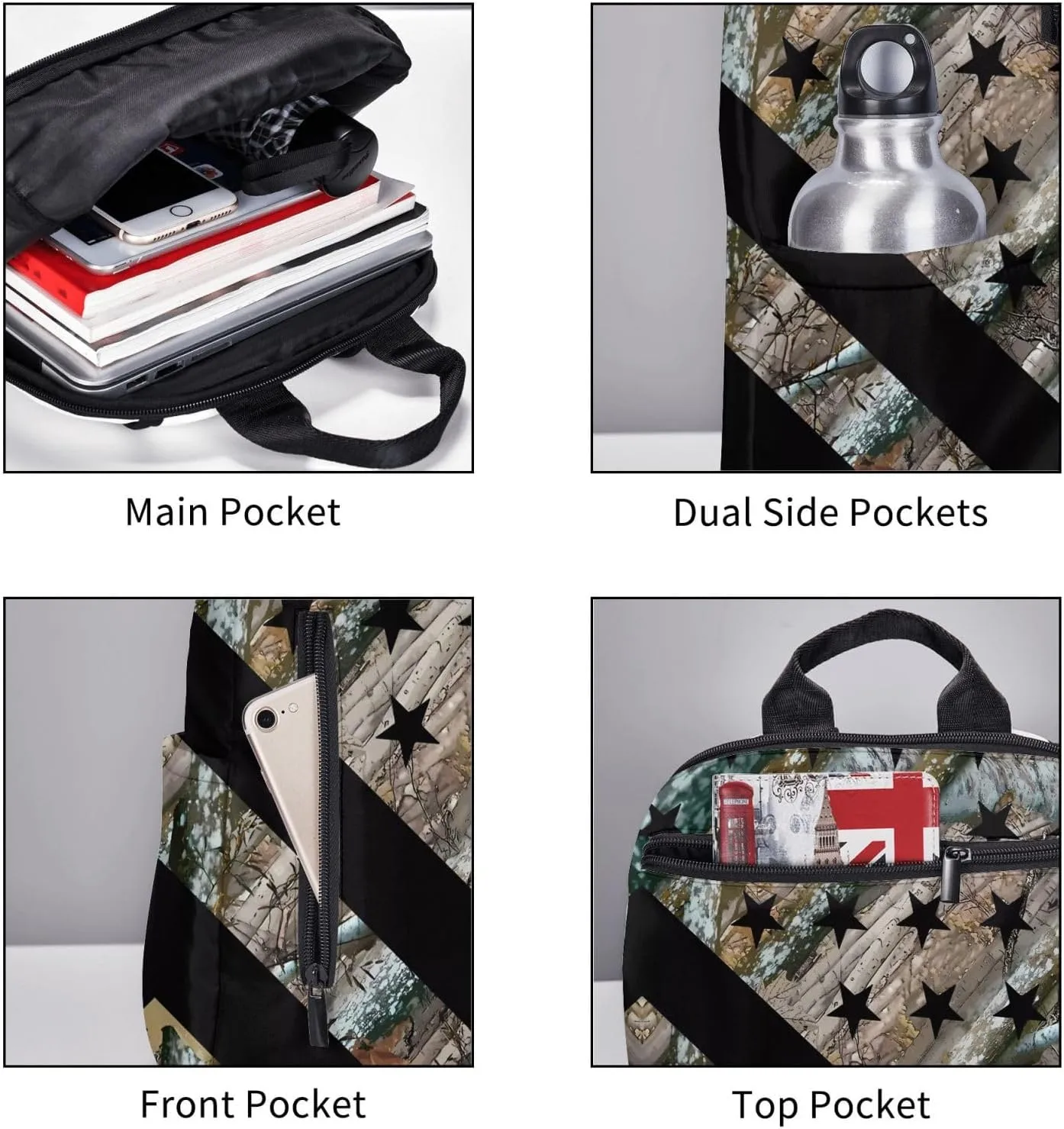 Hunting Camouflage American Flag Casual Backpacks Laptop Backpack Outdoor Travel Rucksack Sport Carry-On Daypack Lightweight Bag with Multi-Pockets