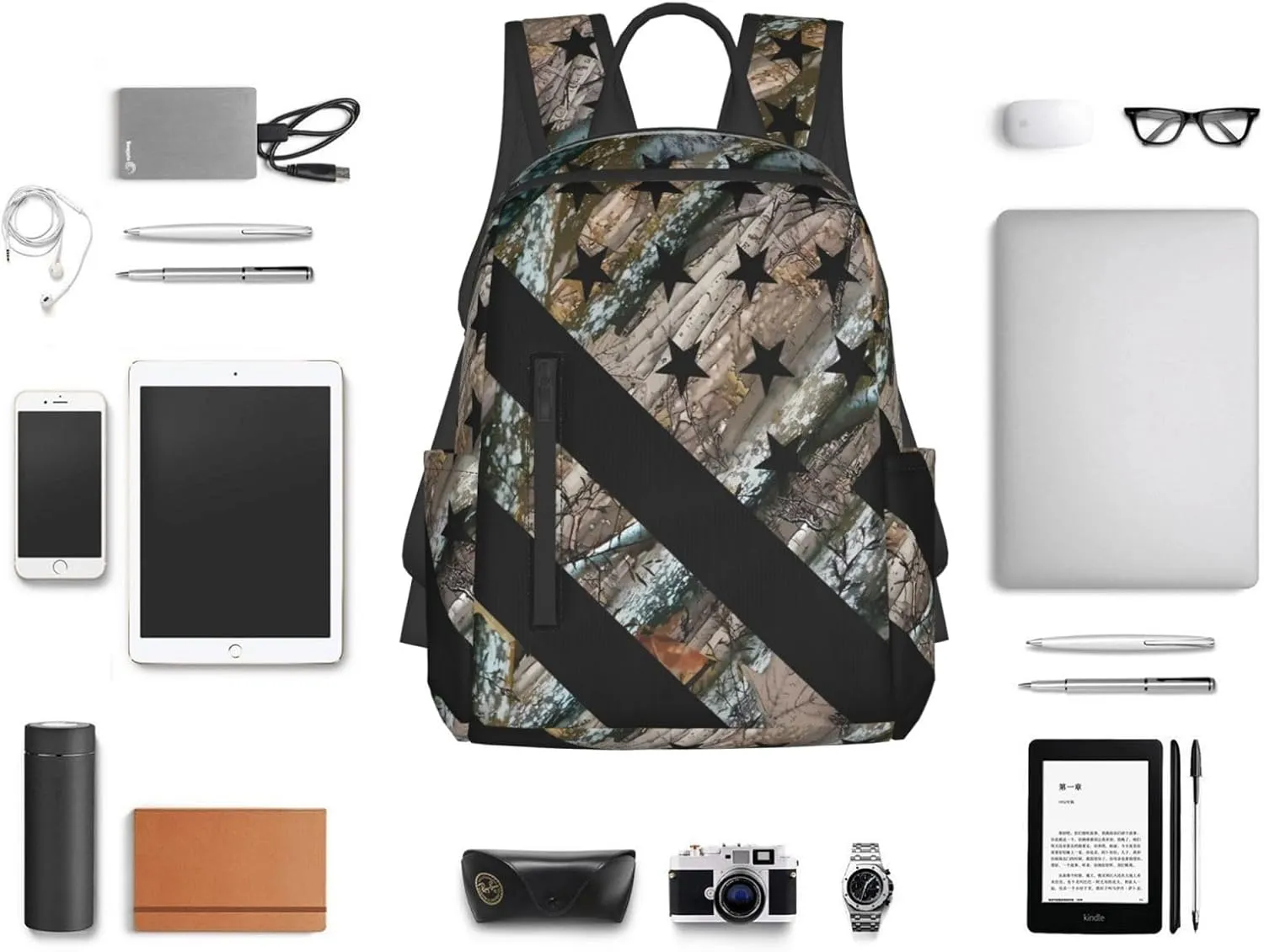 Hunting Camouflage American Flag Casual Backpacks Laptop Backpack Outdoor Travel Rucksack Sport Carry-On Daypack Lightweight Bag with Multi-Pockets