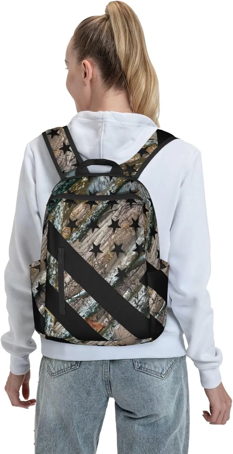Hunting Camouflage American Flag Casual Backpacks Laptop Backpack Outdoor Travel Rucksack Sport Carry-On Daypack Lightweight Bag with Multi-Pockets