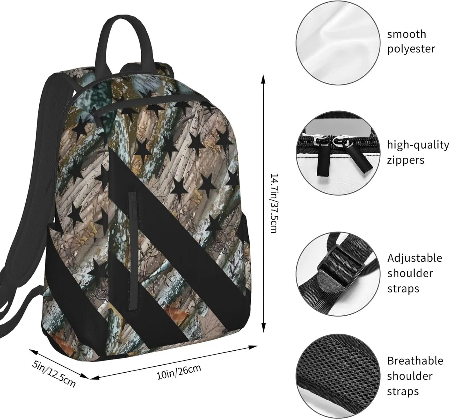 Hunting Camouflage American Flag Casual Backpacks Laptop Backpack Outdoor Travel Rucksack Sport Carry-On Daypack Lightweight Bag with Multi-Pockets