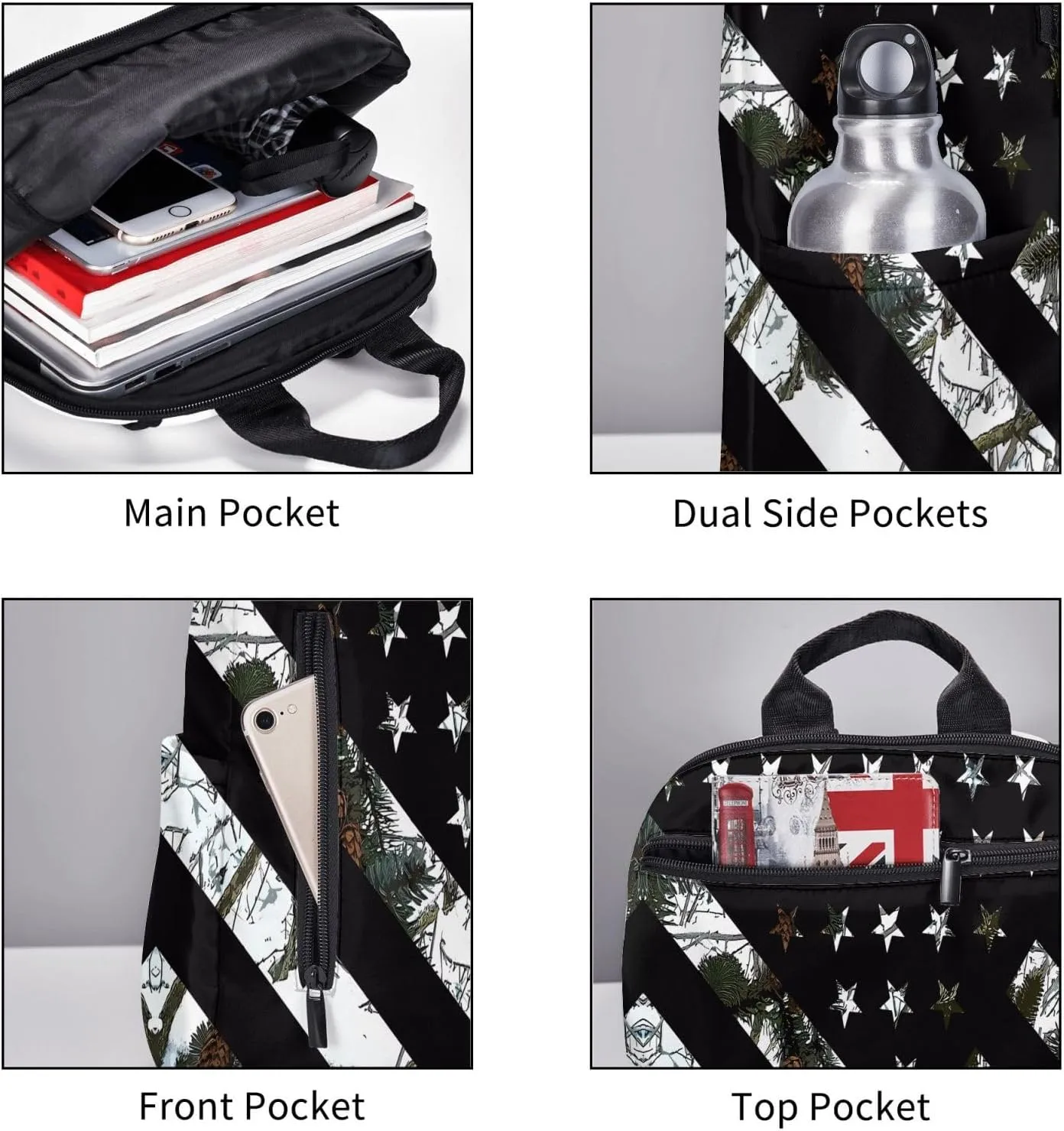 Hunting Snow Camouflage Flag Casual Backpacks Laptop Backpack Outdoor Travel Rucksack Sport Carry-On Daypack Lightweight Bag with Multi-Pockets
