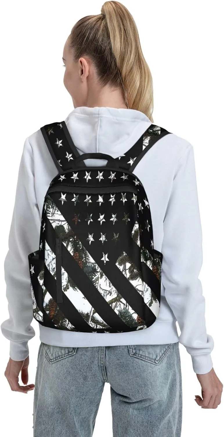 Hunting Snow Camouflage Flag Casual Backpacks Laptop Backpack Outdoor Travel Rucksack Sport Carry-On Daypack Lightweight Bag with Multi-Pockets