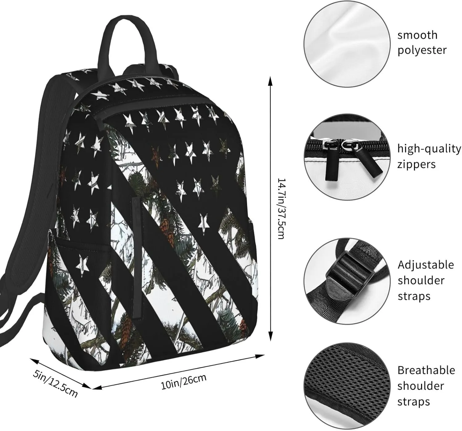 Hunting Snow Camouflage Flag Casual Backpacks Laptop Backpack Outdoor Travel Rucksack Sport Carry-On Daypack Lightweight Bag with Multi-Pockets
