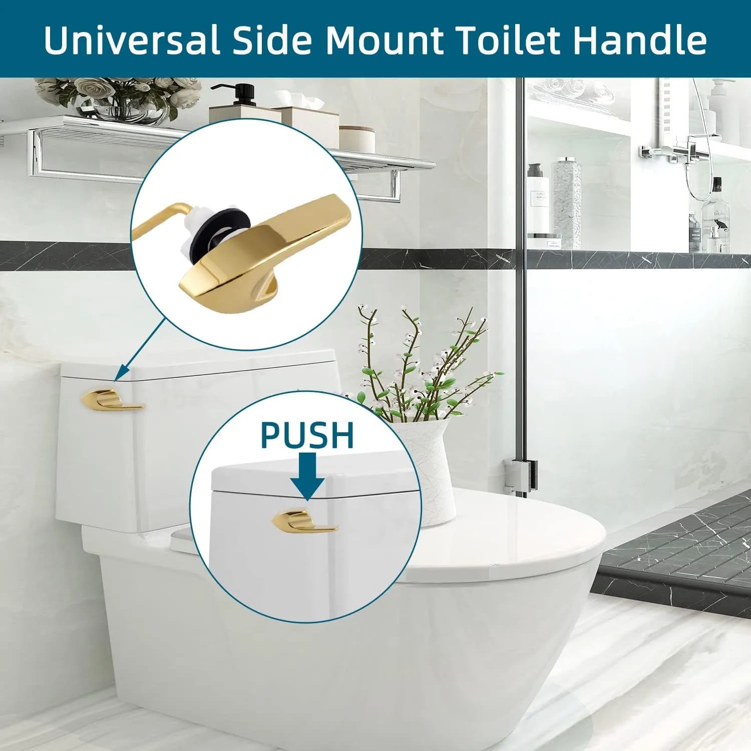 Hygie Rinse Metal Side Mount Toilet Handle Replacement Kit Compatible with Kohler K-GP30324-CP/Glacier Bay Toilet with 1pc Flapper Chain, Toilet Flusher Lever, Shiny Gold