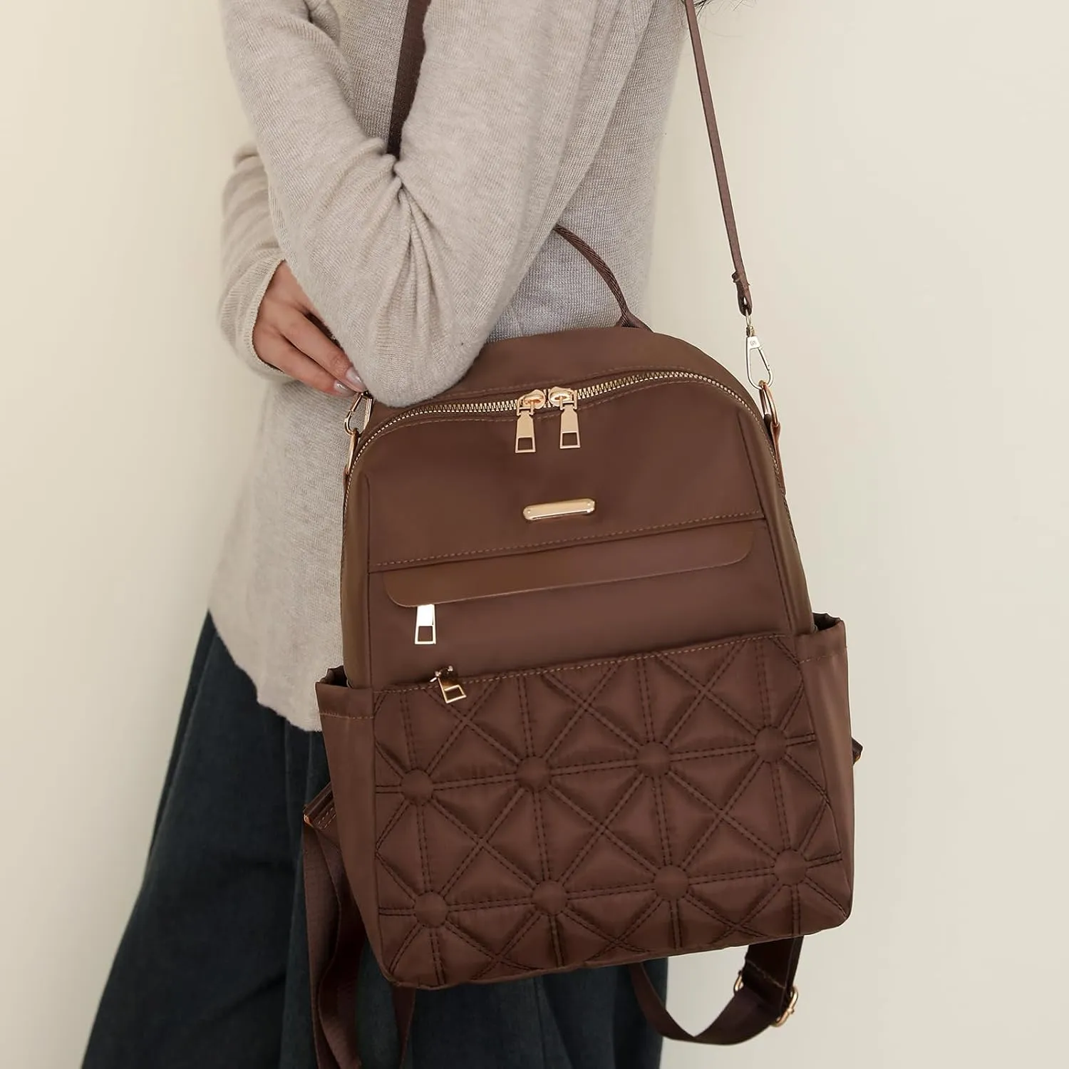 I IHAYNER Nylon Backpack Purse for Women Fashion Multipurpose Handbag Ladies Shoulder Bags Quilted Casual Travel Backpack Brown