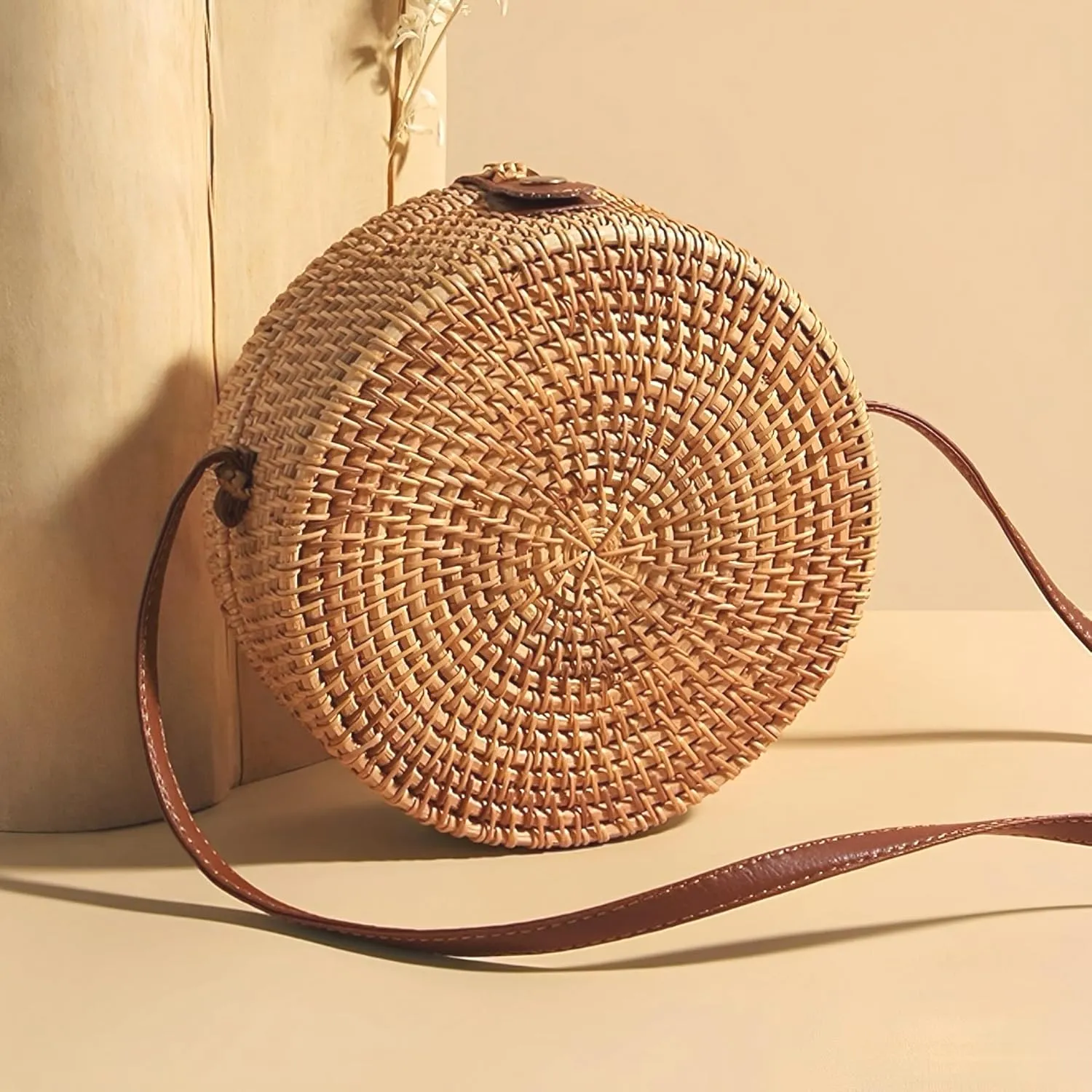 i-lan Handmade Rattan Crossbody Bag for Women - Handmade Ata Wicker Woven Purse - Circle, Square, Oval Brown Straw Boho Bags