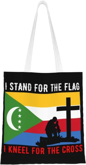 I Stand For The Comoros Flag And I Kneel For The Cross Tote Bag for Women Canvas Shopping Bags Reusable Large Capacity Casual Shoulder Handbags Grocery Bags