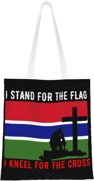I Stand For The Gambia Flag And I Kneel For The Cross Tote Bag for Women Canvas Shopping Bags Reusable Large Capacity Casual Shoulder Handbags Grocery Bags DIY Gift Bags