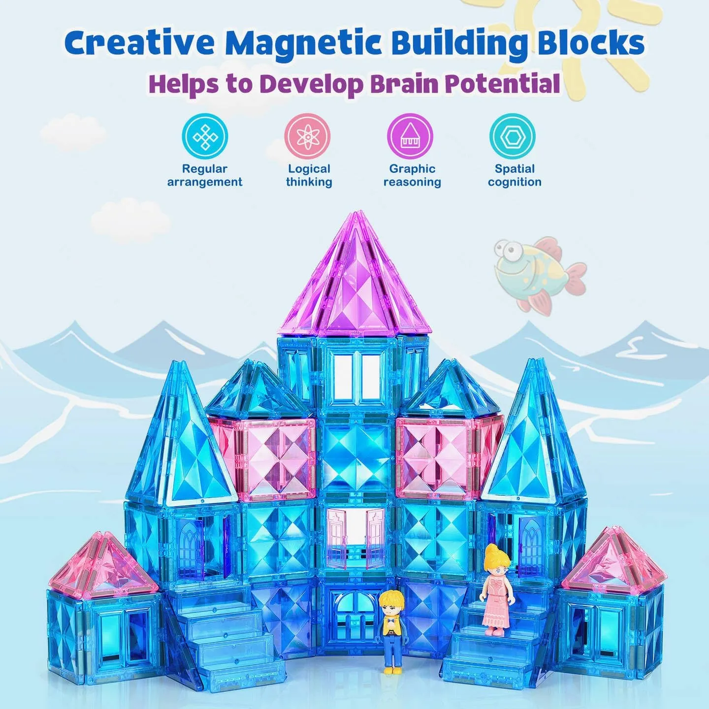 Ice Castle Magnetic Tiles-Sparkling Building Blocks, 3D Educational Toys for Kids, Construction STEM Toys for 3 4 5 6 7 8 Year Olds, Birthday Gift for Boys and Girls