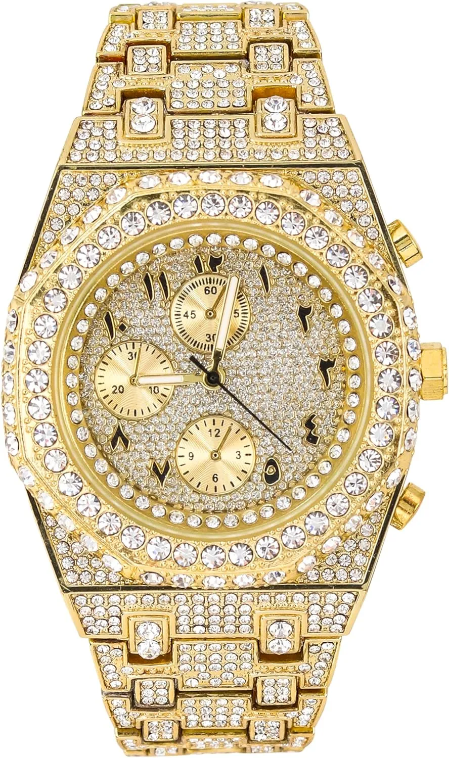 ICE STAR Men's Iced Out 43mm Octagon Shape Watch, Quartz Movement - Gold Arab Dial