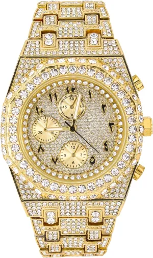 ICE STAR Men's Iced Out 43mm Octagon Shape Watch, Quartz Movement - Gold Arab Dial