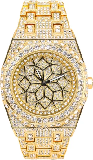 ICE STAR Men's Luxury 43mm Fully Iced Out Octagon Watch - Dazzling Simulated Diamonds, Quartz Movement - Gold Dial