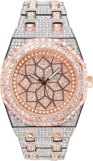 ICE STAR Men's Luxury 43mm Fully Iced Out Octagon Watch - Dazzling Simulated Diamonds, Quartz Movement - Rose Dial