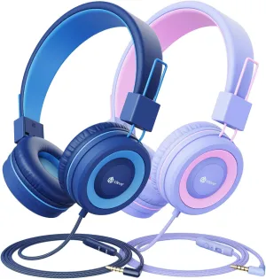 iClever [2 Pack] Kids Headphones with Microphone for Online Schooling - Safe Volume Limited 85dB/94dB, Adjustable Foldable Headphones for Girls/Boys/Airplane/Computer/Laptop