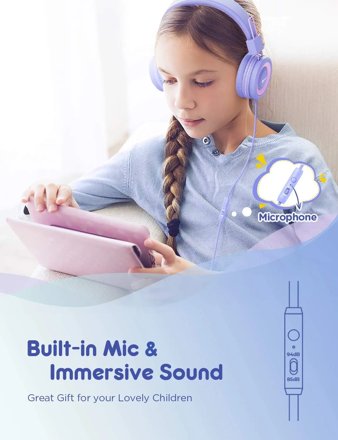 iClever [2 Pack] Kids Headphones with Microphone for Online Schooling - Safe Volume Limited 85dB/94dB, Adjustable Foldable Headphones for Girls/Boys/Airplane/Computer/Laptop