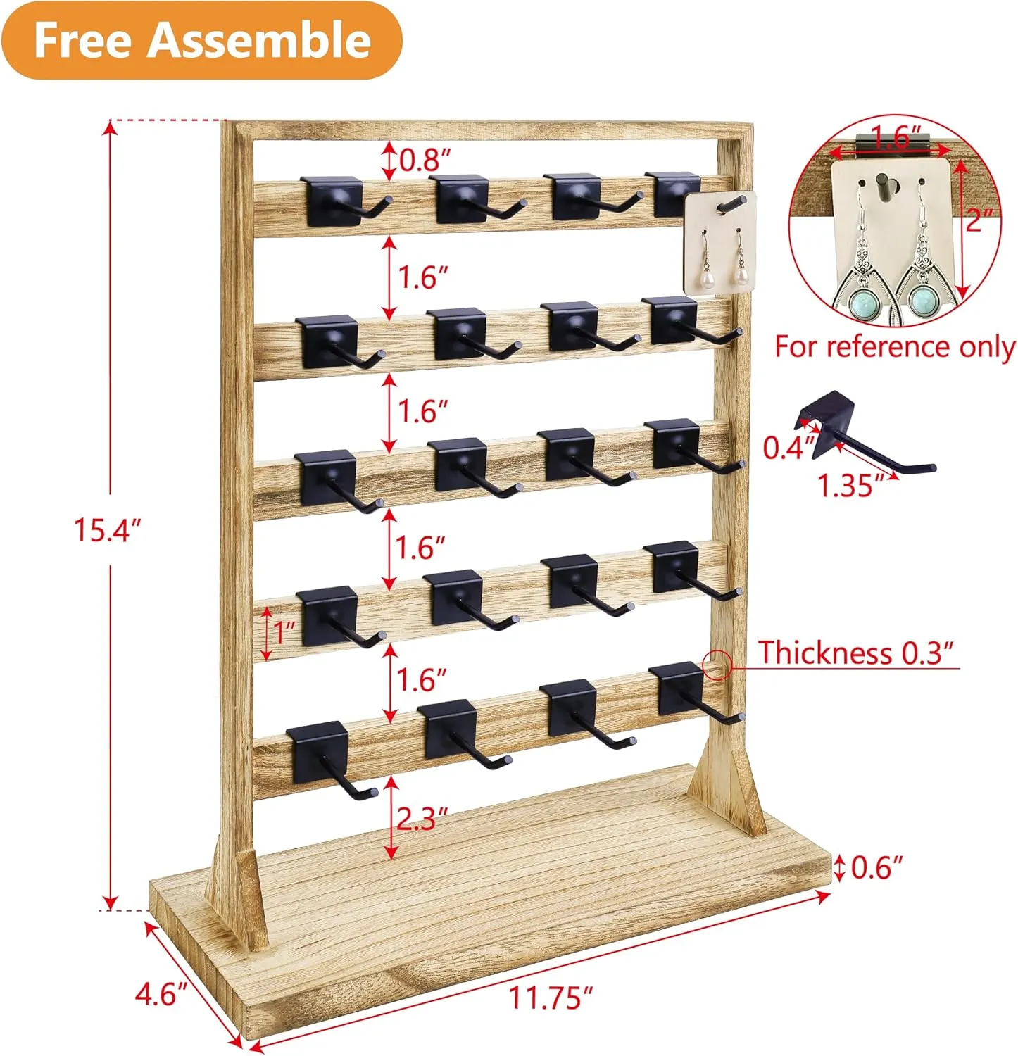 Ikee Design Free Assemble 2 Pcs Set Wooden Jewelry Display Rack with 20 Removable Metal Hooks/Each, Earring Display Holder Stand for Earring,Necklaces,Bracelet, Keychain Stand, Oak Color