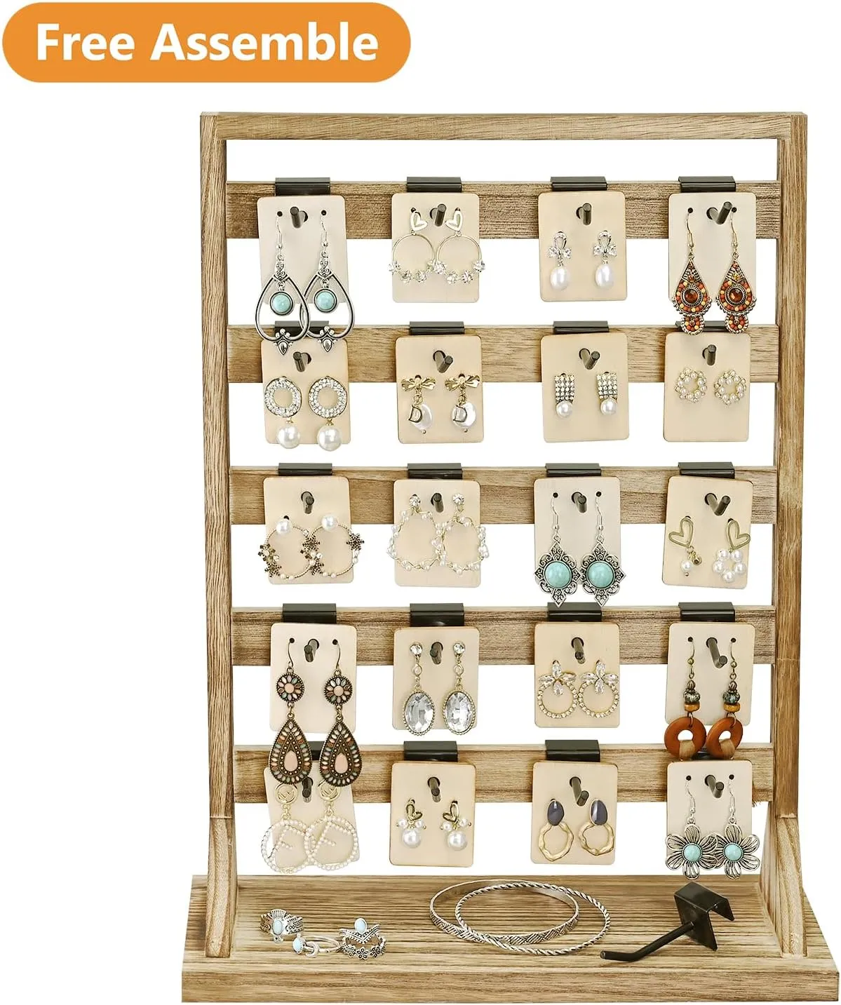 Ikee Design Free Assemble 2 Pcs Set Wooden Jewelry Display Rack with 20 Removable Metal Hooks/Each, Earring Display Holder Stand for Earring,Necklaces,Bracelet, Keychain Stand, Oak Color
