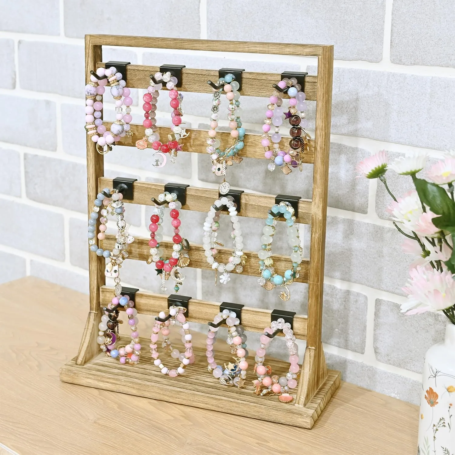 Ikee Design Free Assemble 2 Pcs Set Wooden Jewelry Display Rack with 20 Removable Metal Hooks/Each, Earring Display Holder Stand for Earring,Necklaces,Bracelet, Keychain Stand, Oak Color