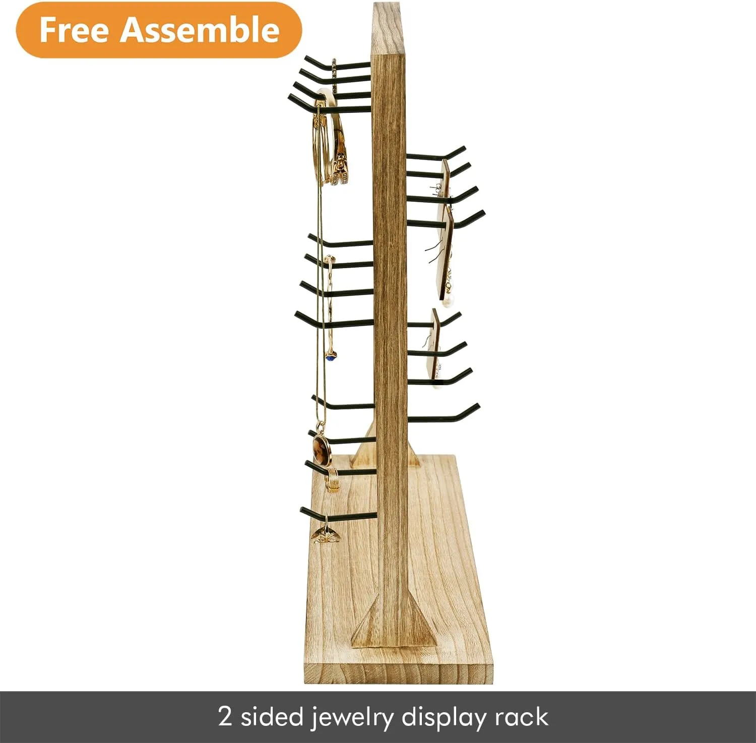 Ikee Design Free Assemble 2 Pcs Set Wooden Jewelry Display Rack with 20 Removable Metal Hooks/Each, Earring Display Holder Stand for Earring,Necklaces,Bracelet, Keychain Stand, Oak Color