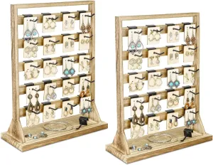 Ikee Design Free Assemble 2 Pcs Set Wooden Jewelry Display Rack with 20 Removable Metal Hooks/Each, Earring Display Holder Stand for Earring,Necklaces,Bracelet, Keychain Stand, Oak Color