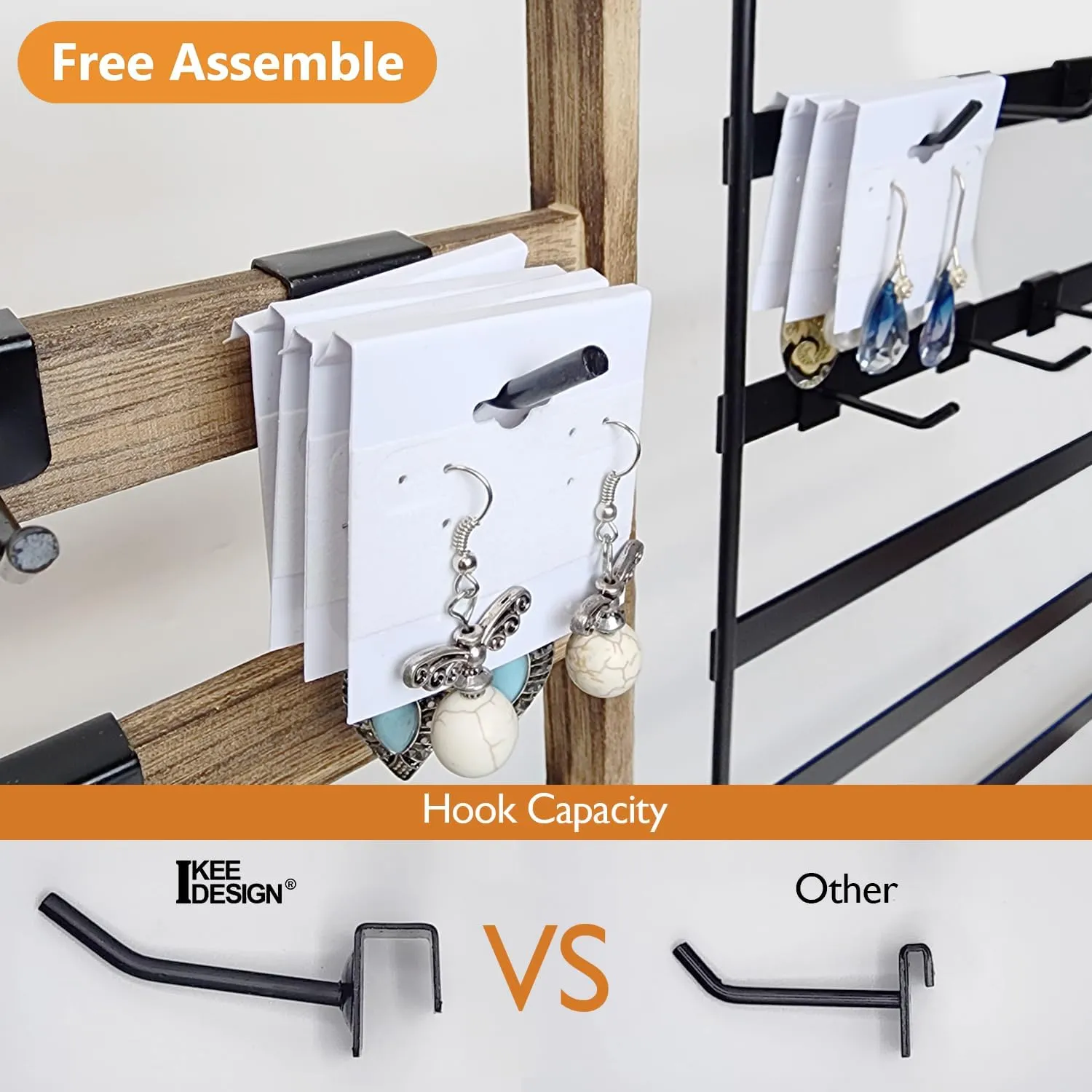 Ikee Design Free Assemble 2 Pcs Set Wooden Jewelry Display Rack with 20 Removable Metal Hooks/Each, Earring Display Holder Stand for Earring,Necklaces,Bracelet, Keychain Stand, Oak Color