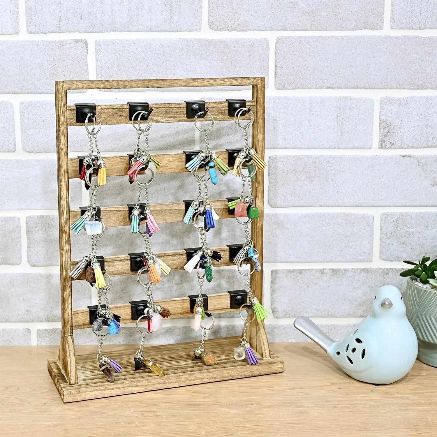 Ikee Design Free Assemble 2 Pcs Set Wooden Jewelry Display Rack with 20 Removable Metal Hooks/Each, Earring Display Holder Stand for Earring,Necklaces,Bracelet, Keychain Stand, Oak Color