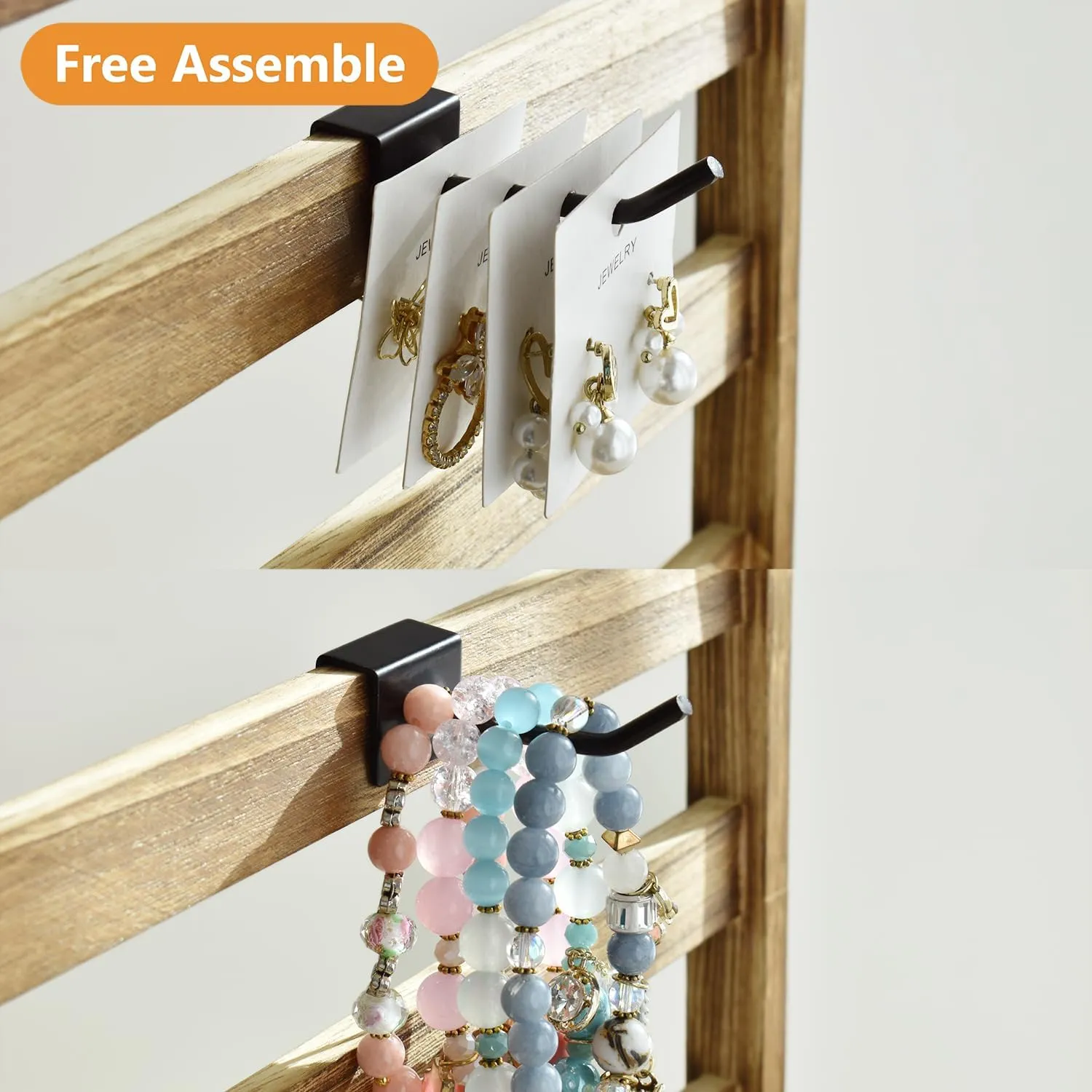 Ikee Design Free Assemble 2 Pcs Set Wooden Jewelry Display Rack with 20 Removable Metal Hooks/Each, Earring Display Holder Stand for Earring,Necklaces,Bracelet, Keychain Stand, Oak Color