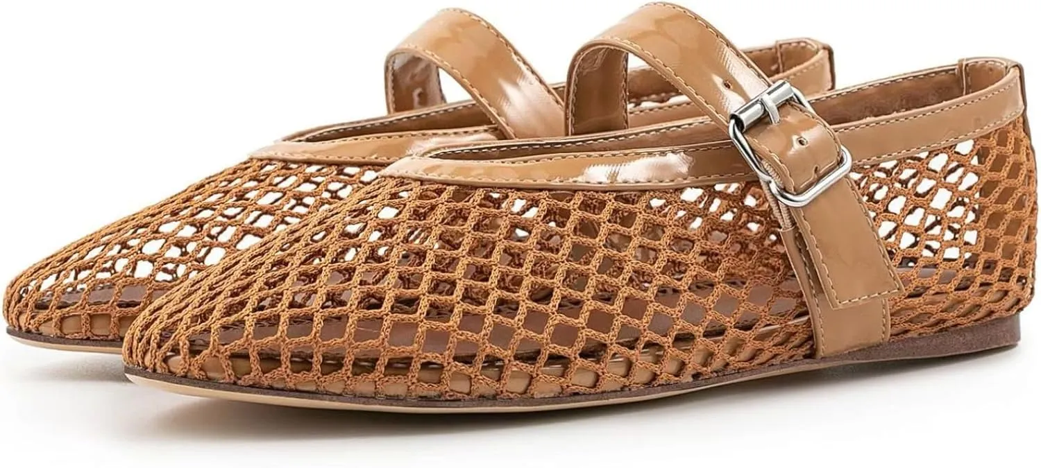 IMPREMEY Mesh Ballet Flats for Women Buckle Strap Round Toe Wide Width Mesh Flats Casual Ballerina Shoes