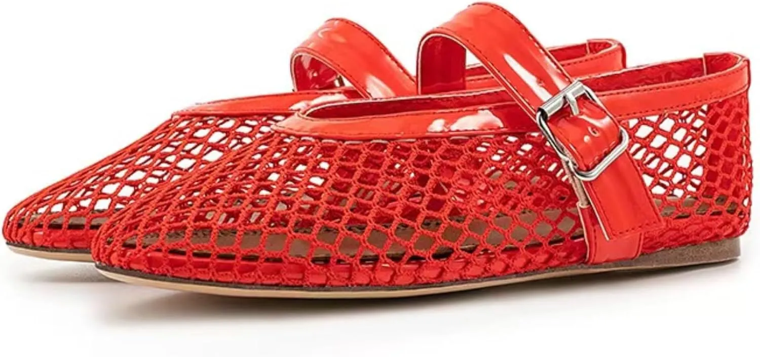 IMPREMEY Mesh Ballet Flats for Women Buckle Strap Round Toe Wide Width Mesh Flats Casual Ballerina Shoes