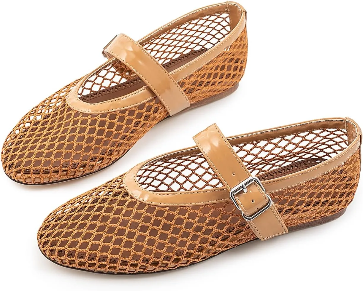 IMPREMEY Mesh Ballet Flats for Women Buckle Strap Round Toe Wide Width Mesh Flats Casual Ballerina Shoes