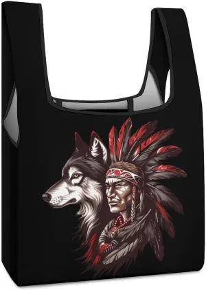 Indian Tribal Chief And Wolf Reusable Grocery Bag Foldable Shopping Tote Bags With Handle Portable Handbag
