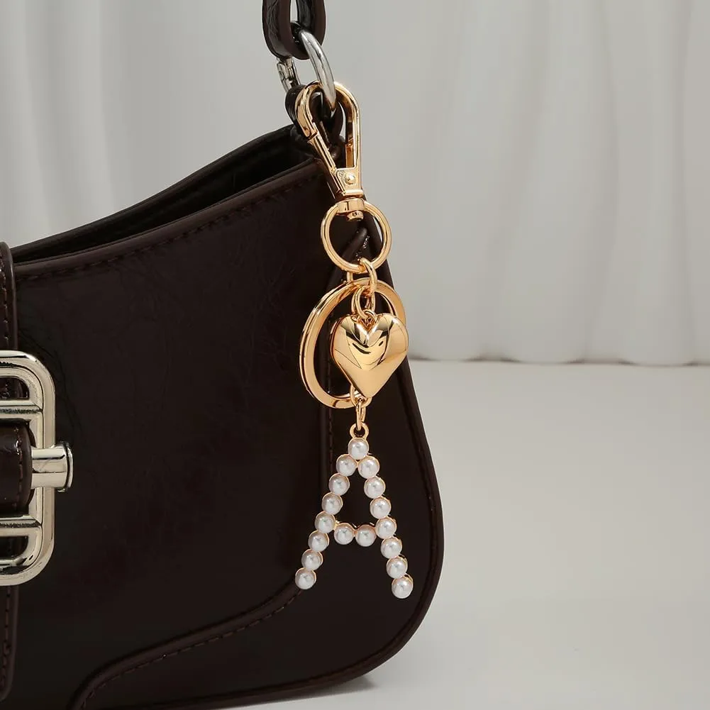 Initial Letter Keychains For Women Gold Heart And Pearl Alphabet Bag Charms Purse Accessories Gift