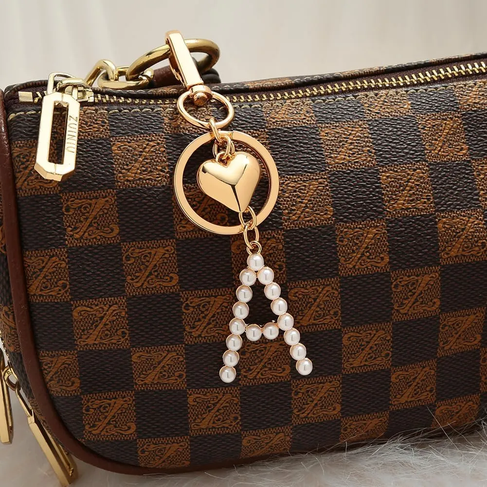 Initial Letter Keychains For Women Gold Heart And Pearl Alphabet Bag Charms Purse Accessories Gift