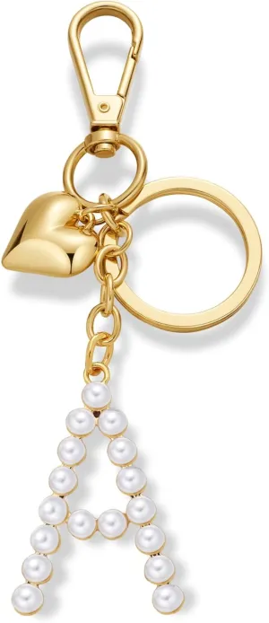 Initial Letter Keychains For Women Gold Heart And Pearl Alphabet Bag Charms Purse Accessories Gift