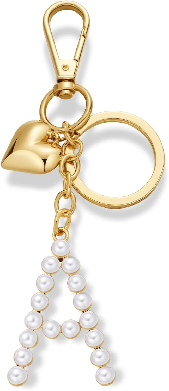 Initial Letter Keychains For Women Gold Heart And Pearl Alphabet Bag Charms Purse Accessories Gift