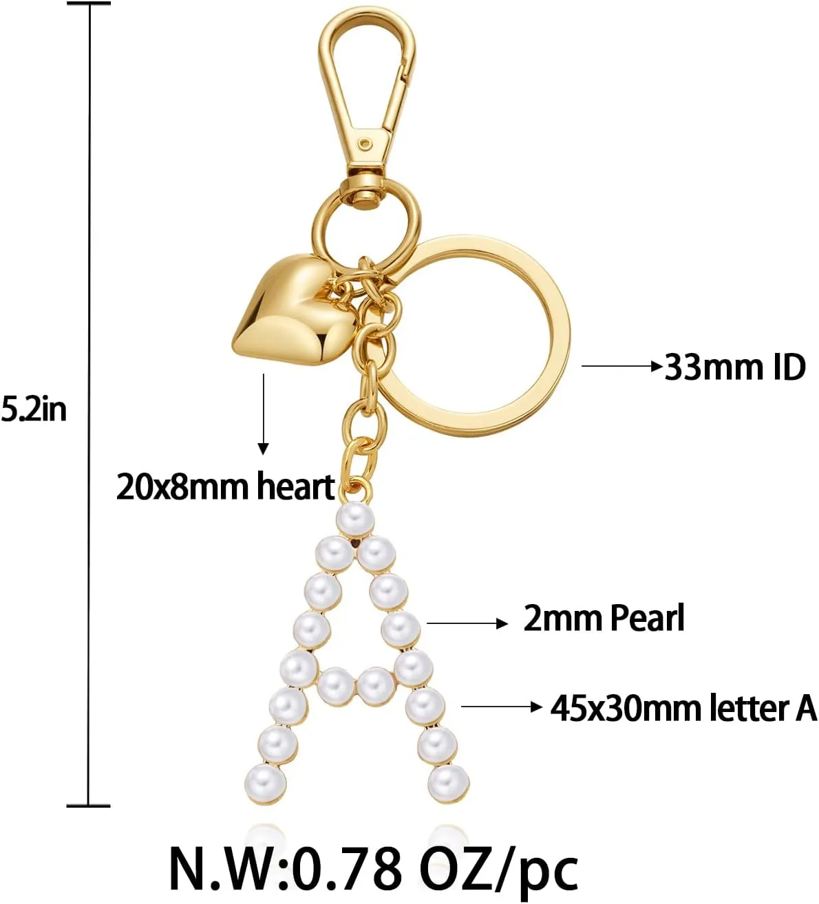 Initial Letter Keychains For Women Gold Heart And Pearl Alphabet Bag Charms Purse Accessories Gift