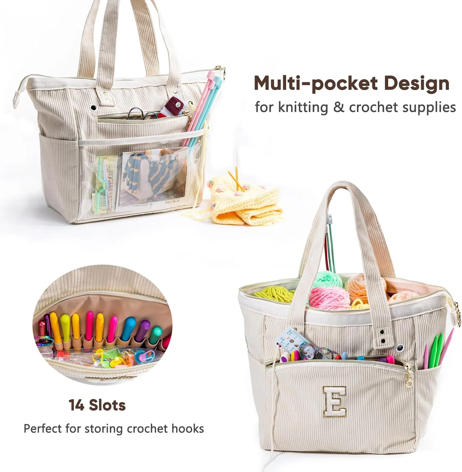 Initial Personalized Crochet Tote - Corduroy Yarn Storage Holder - Organizer for Hooks, Accessories - Project Knitting Bag - Crochet Lover Gift
