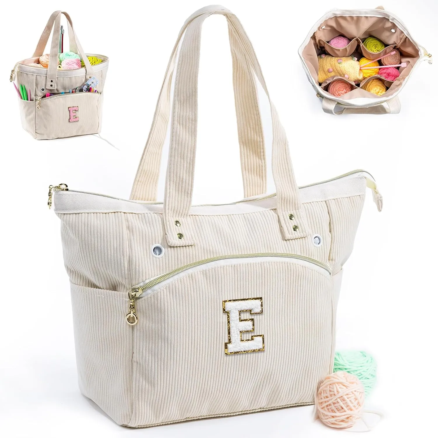 Initial Personalized Crochet Tote - Corduroy Yarn Storage Holder - Organizer for Hooks, Accessories - Project Knitting Bag - Crochet Lover Gift