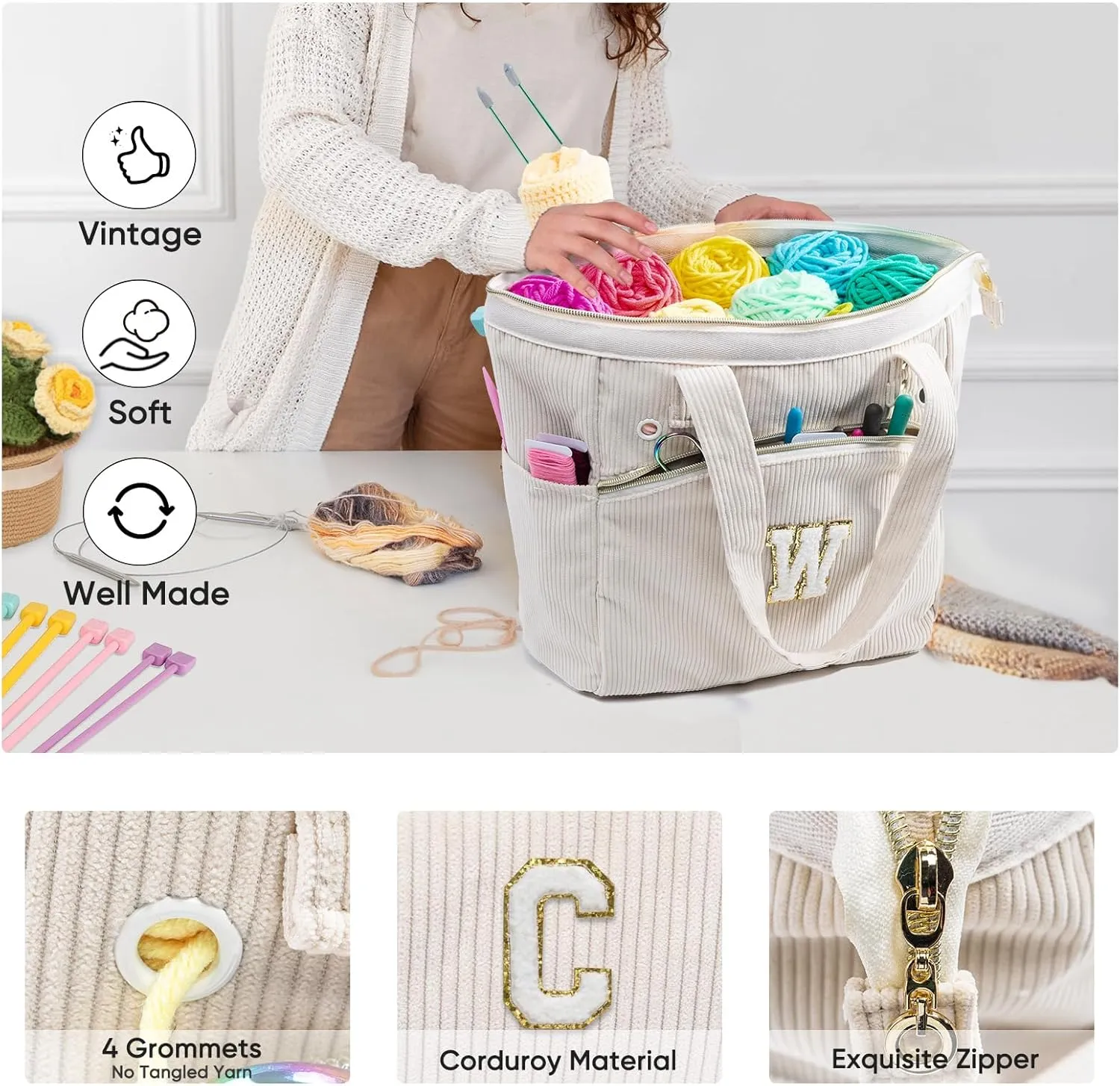Initial Personalized Crochet Tote - Corduroy Yarn Storage Holder - Organizer for Hooks, Accessories - Project Knitting Bag - Crochet Lover Gift