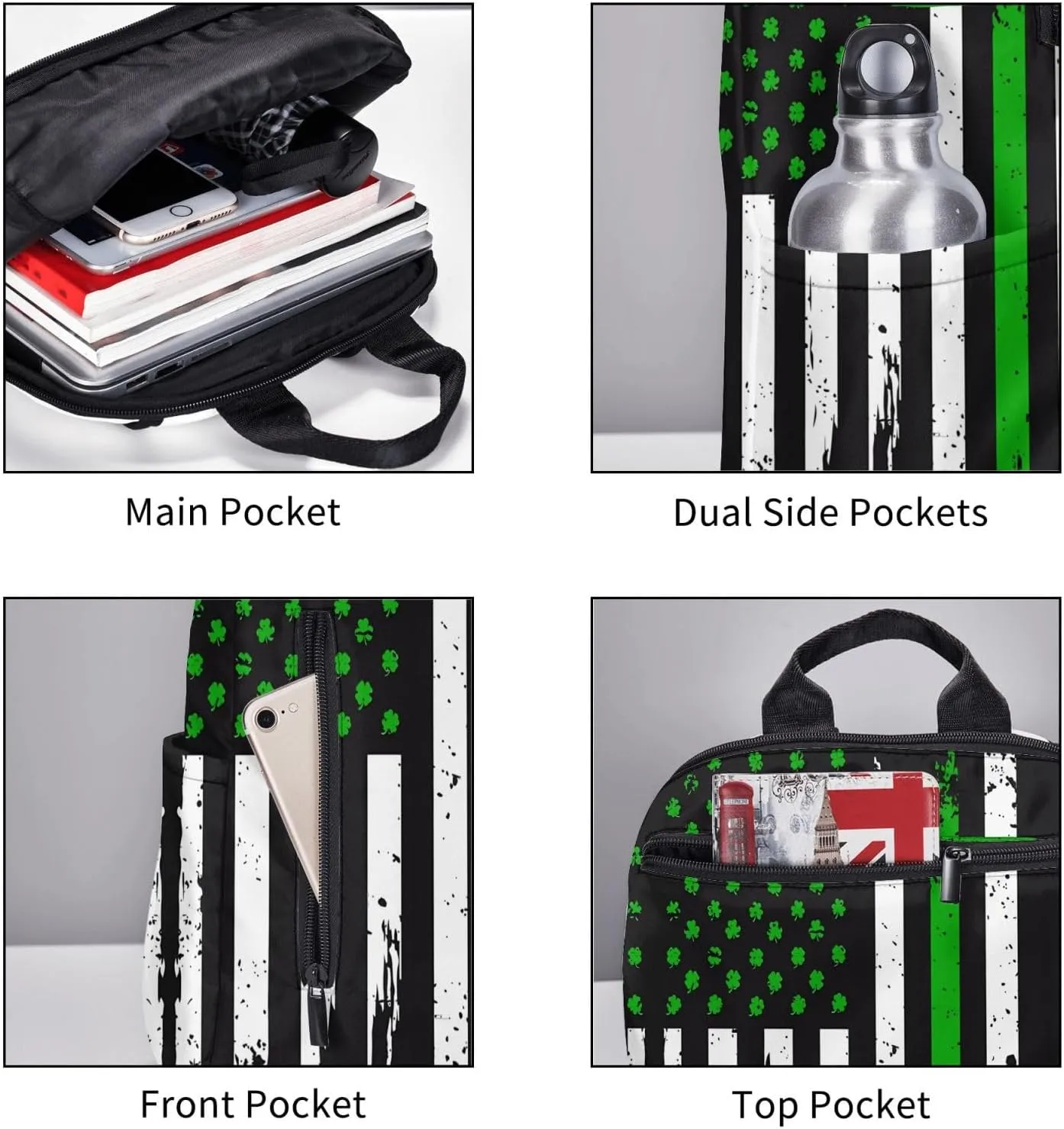Irish American Flag Ireland Flag St Patrick's Day Casual Backpacks Laptop Backpack Outdoor Travel Rucksack Sport Carry-On Daypack Lightweight Bag with Multi-Pockets