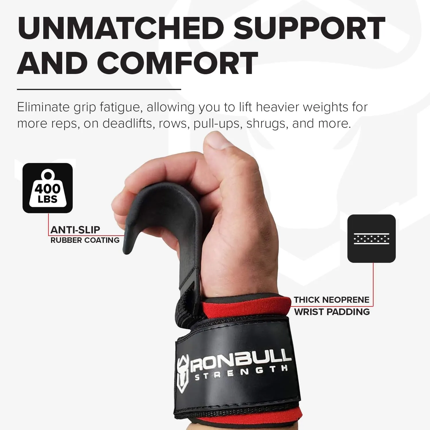 Iron Bull Strength Weight Lifting Steel Hooks (Pair) – Heavy Duty Lifting Wrist Straps - Deadlift Straps for Powerlifting- Thick Padded Workout Hook – Weightlifting Gloves for Heavy Lifting