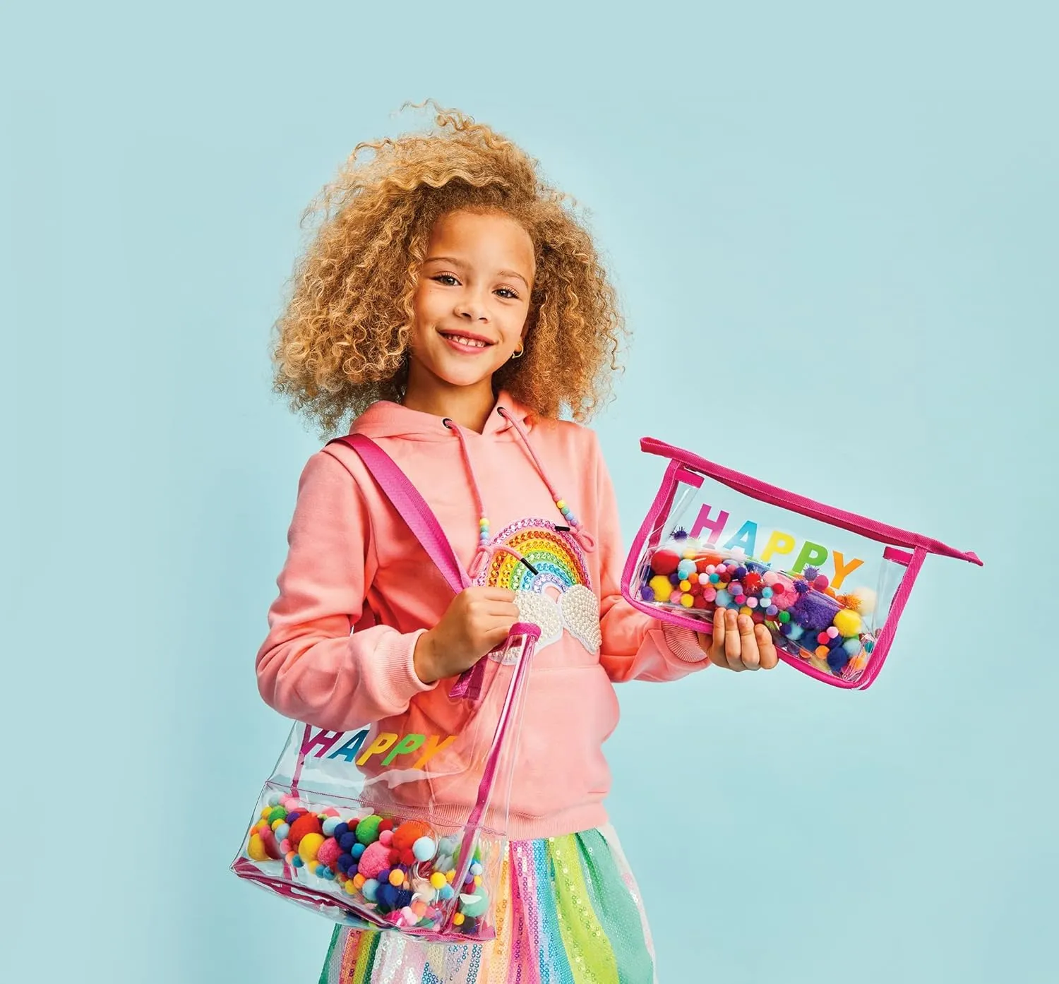 iscream Happy Day Pom Poms 12.25" x 8.25" Clear Zippered Travel Bag