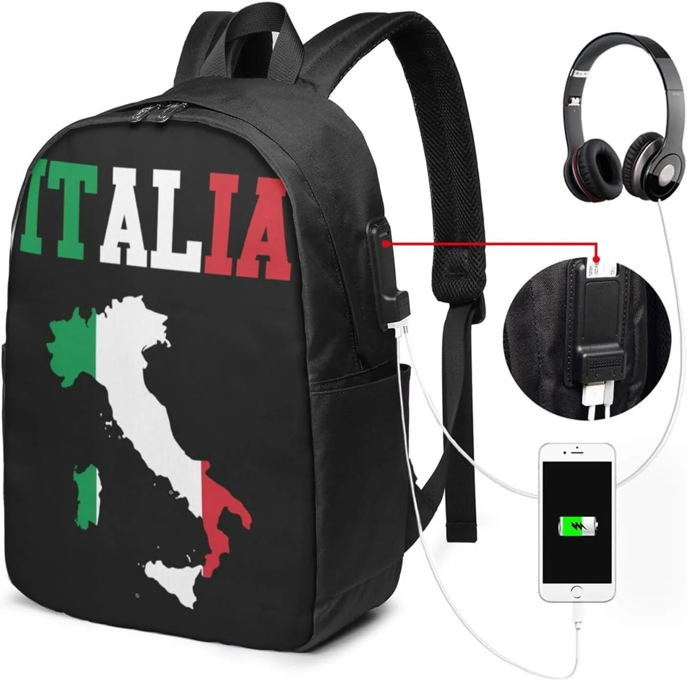 Italia Flag Italy Italian Italiano Laptop Backpacks Travel Backpack Casual Business Daypack Sport Rucksack Computer Bag Fits up to 17 Inch Notebook with USB Port