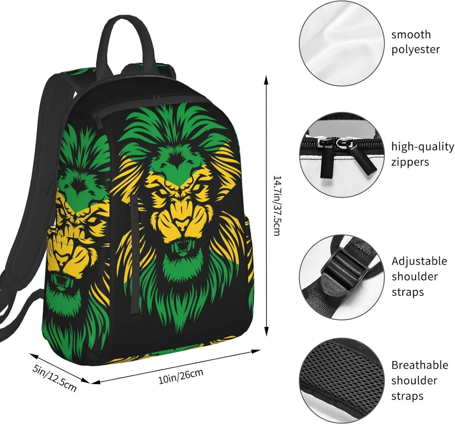 Jamaican Flag Rasta Lion Head Travel Backpacks Casual Laptop Backpack Sport Rucksack Large Capacity Daypack Multi-Pockets Adjustable Strap Bag for Working Hiking