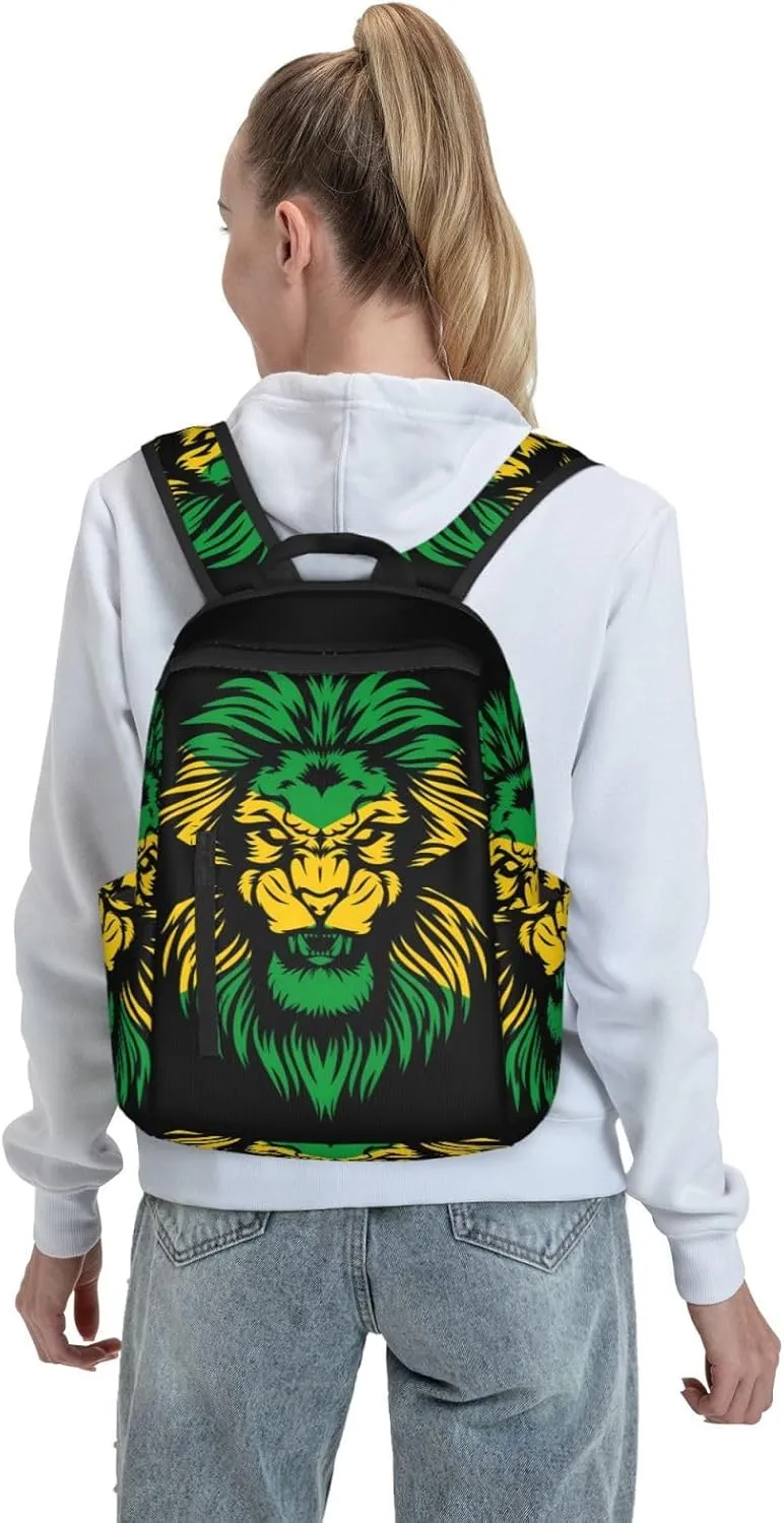Jamaican Flag Rasta Lion Head Travel Backpacks Casual Laptop Backpack Sport Rucksack Large Capacity Daypack Multi-Pockets Adjustable Strap Bag for Working Hiking