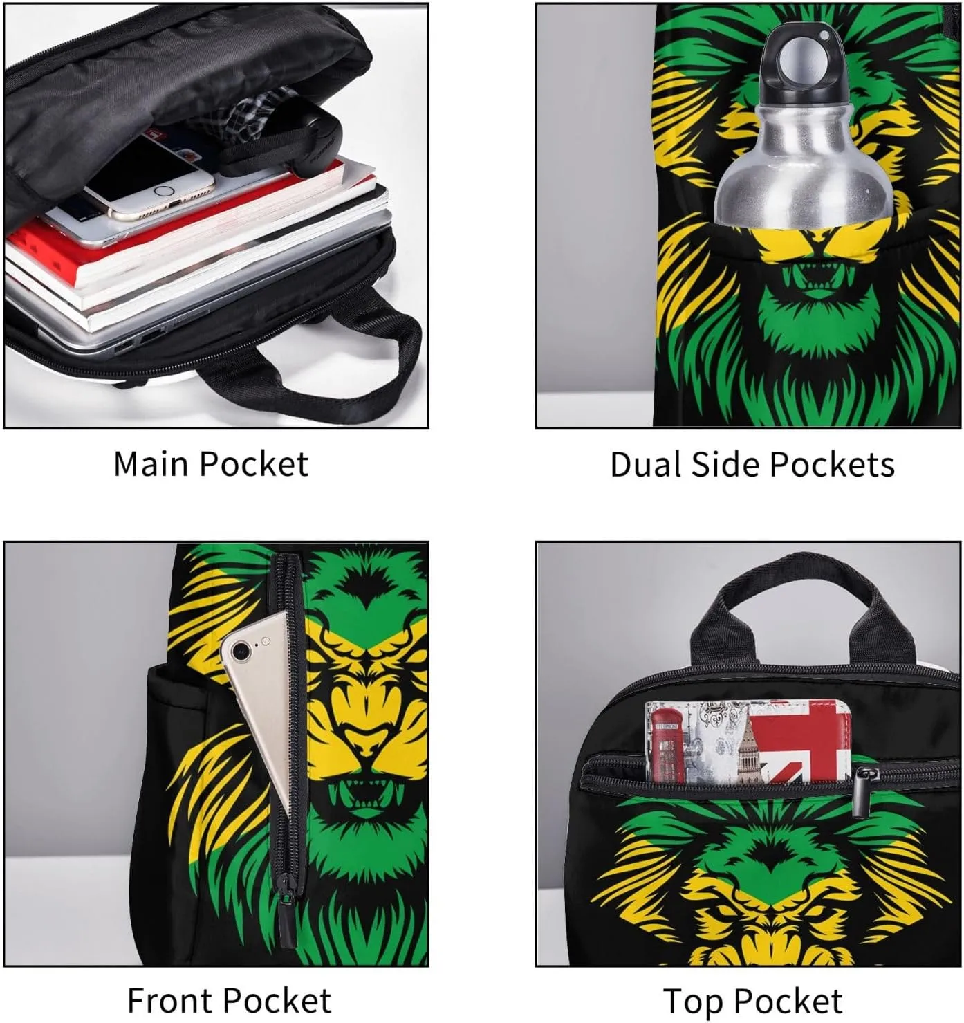 Jamaican Flag Rasta Lion Head Travel Backpacks Casual Laptop Backpack Sport Rucksack Large Capacity Daypack Multi-Pockets Adjustable Strap Bag for Working Hiking